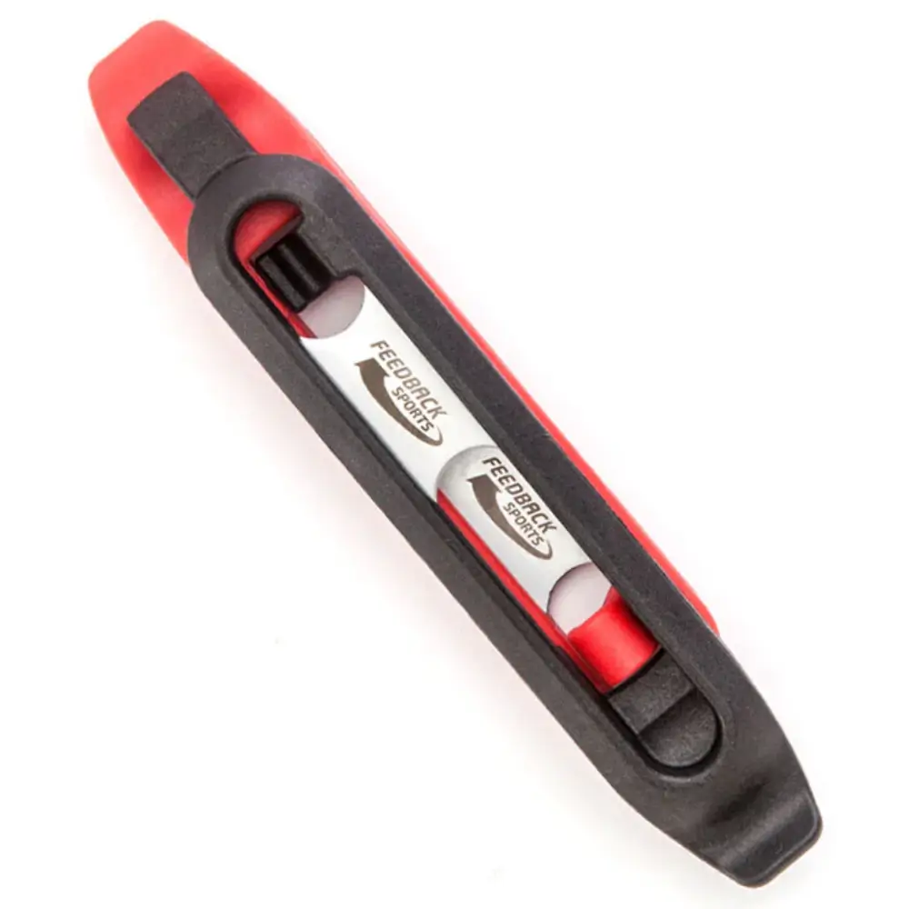 A pair of black and red Feedback Sports Steel Core 2.0 Tire Levers nested together for storage