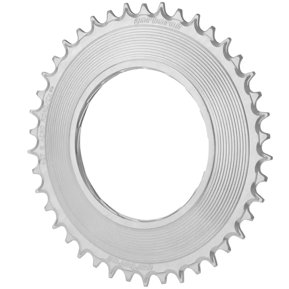 A silver Garbaruk 1x Aero Thread Mount Road/Gravel Chainring