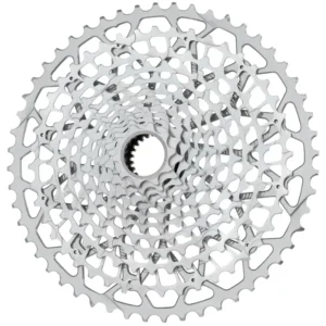 A mostly silver Garbaruk Shimano Micro Spline GEN2.0 12-Speed MTB Cassette with a silver largest cog