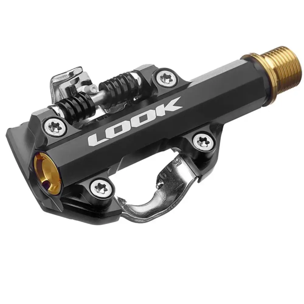 The underside of a black and silver LOOK X-One-G Ti MTB/Gravel Pedal
