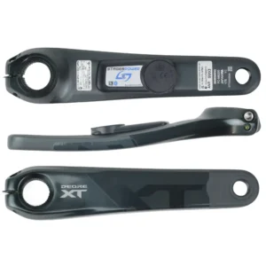 A bottom, side and top view of a Stages Shimano XT M8200 Power Meter