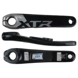 A bottom, side and top view of a Stages Shimano XTR M8220 Power Meter