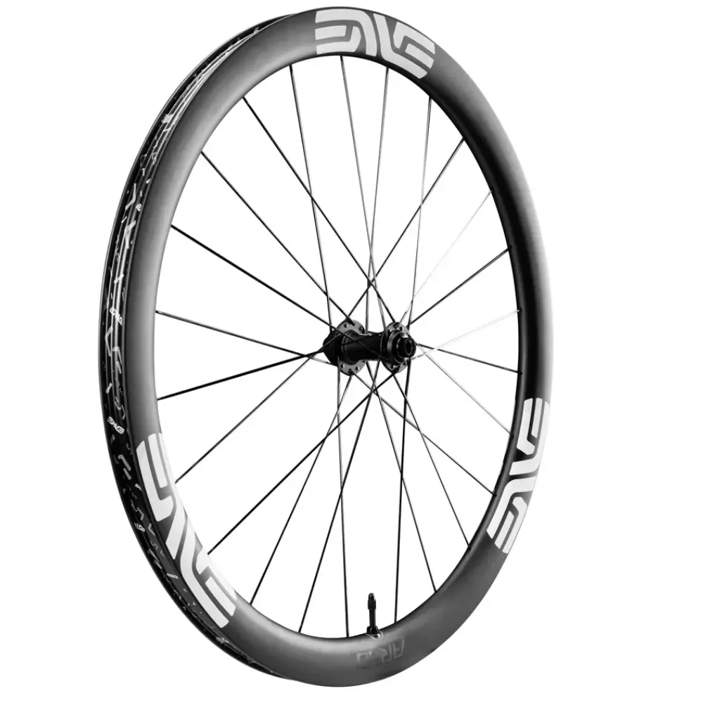 An ENVE AR40 Disc Brake Wheelset with only the front wheel pictured at an angle