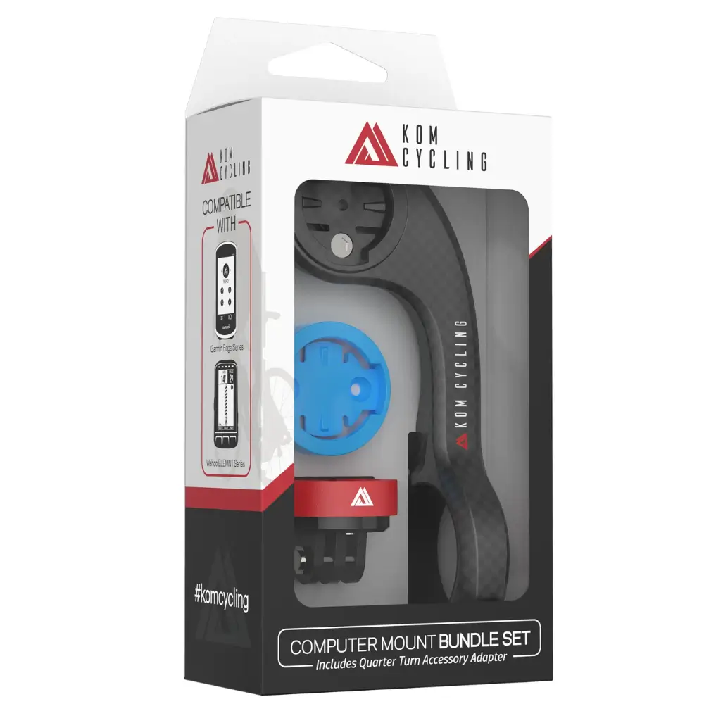 A carbon print KOM Cycling CM06 Computer Mount bundle including the KOM quick release accessory mount