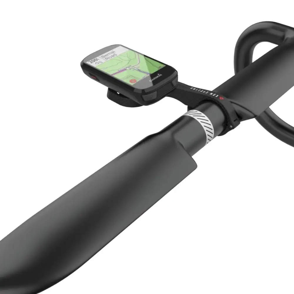 A black KOM Cycling Garmin Classic Computer Mount installed on black handlebars and with a Garmin computer attached