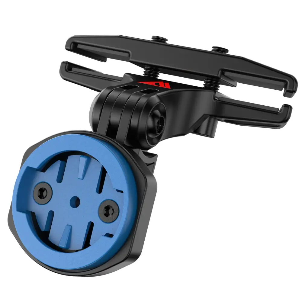 A black KOM Cycling Radar Saddle Rail Mount with a blue Wahoo Puck installed