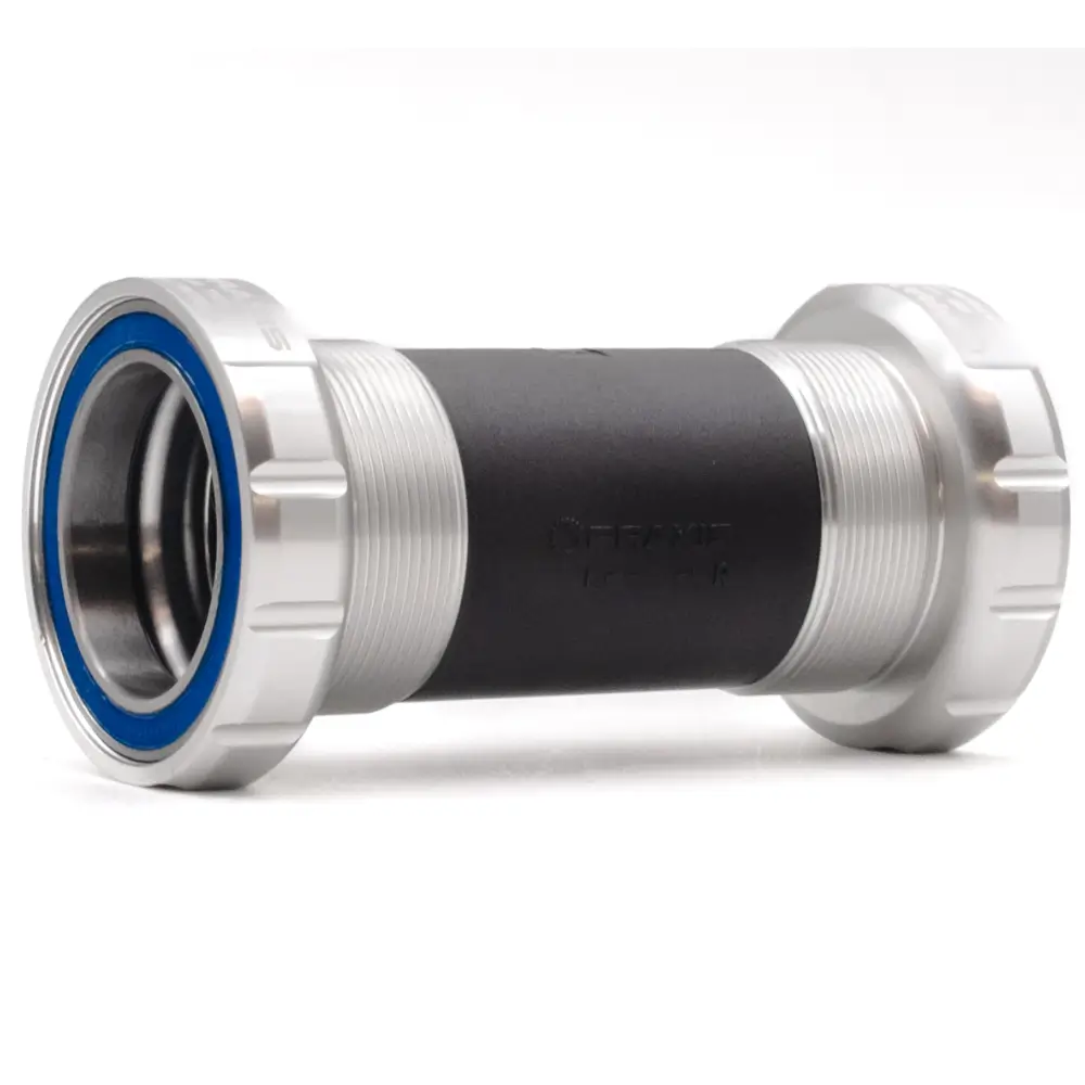 A silver Praxis M30 BSA Threaded Bottom Bracket with steel bearings