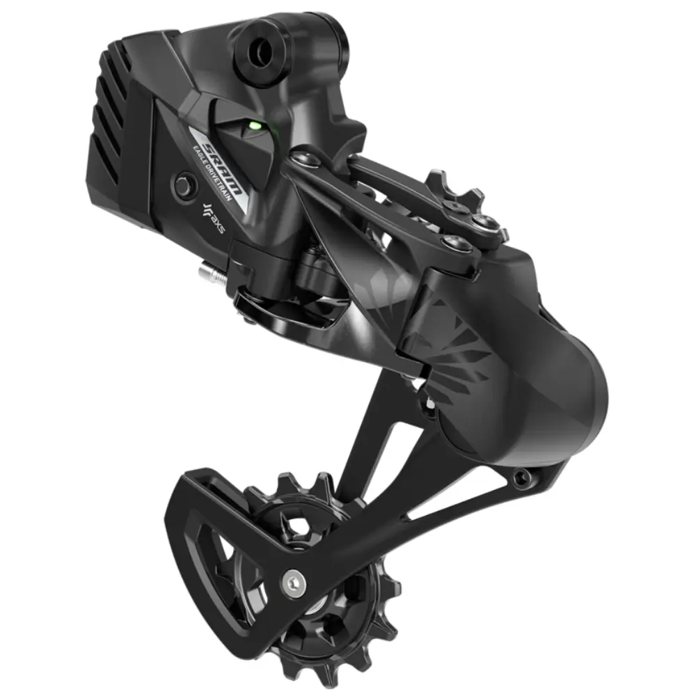 A slightly angled view of a black SRAM Eagle AXS S500 Rear Derailleur