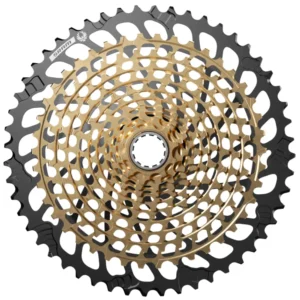 A gold SRAM XG-1299 Eagle 12-Speed Cassette