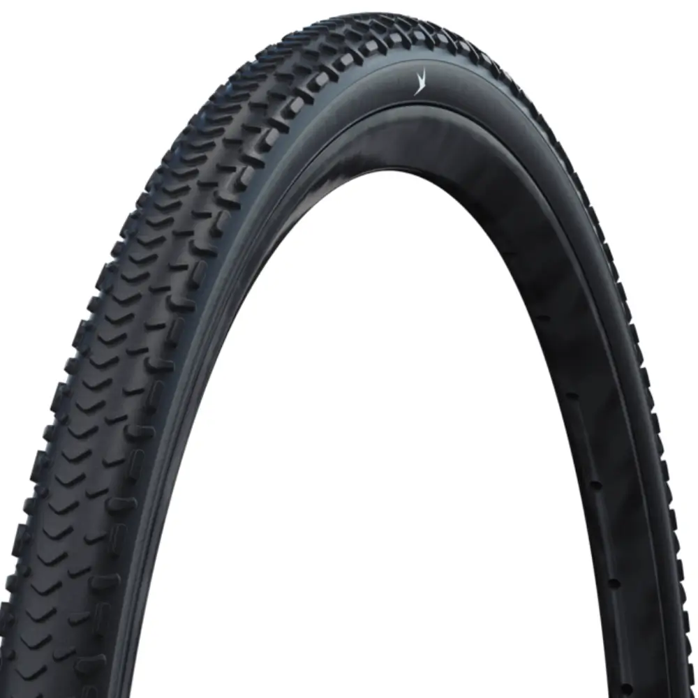A black Schwalbe G-One RX PRO Gravel Tire showing the tread