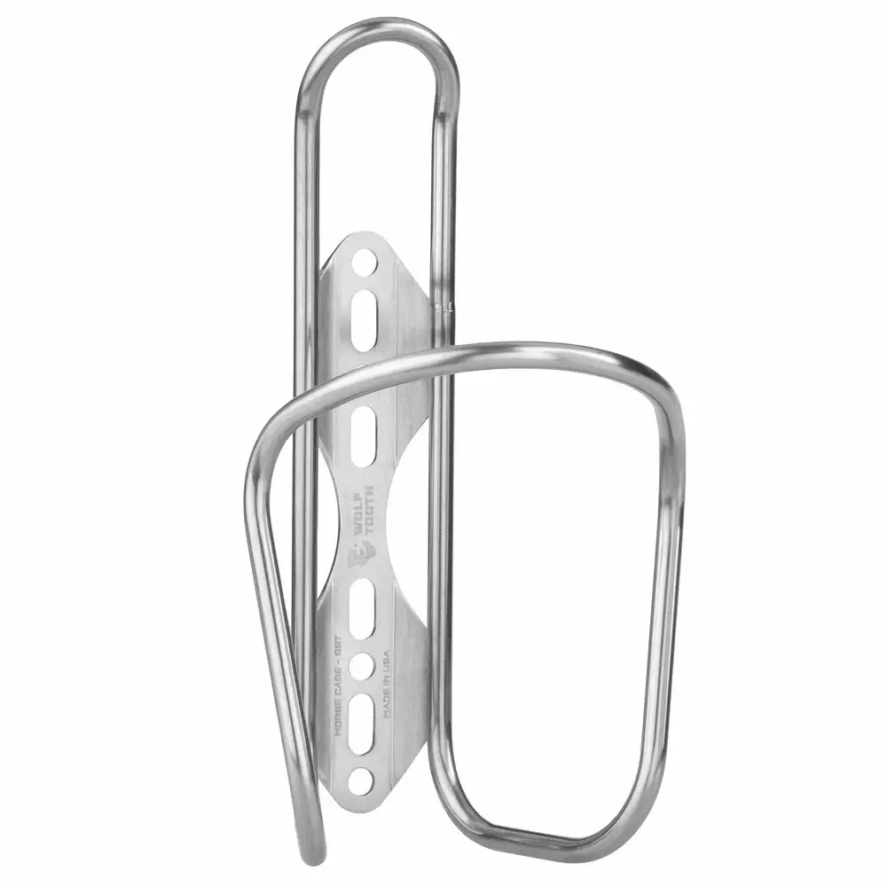 A silver Wolf Tooth Morse Bottle Cage viewed from a slight angle on a white background