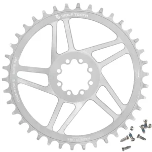 A 38T Wolf Tooth SRAM Gravel 8-Bolt Direct Mount Chainring - Raw Silver