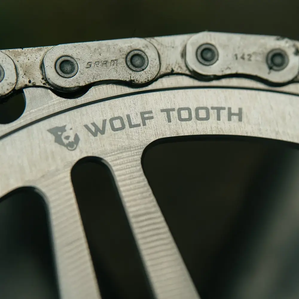 A close up shot of the logo on a Wolf Tooth SRAM 8-Bolt T-Type MTB Direct Mount Chainring - Raw Silver