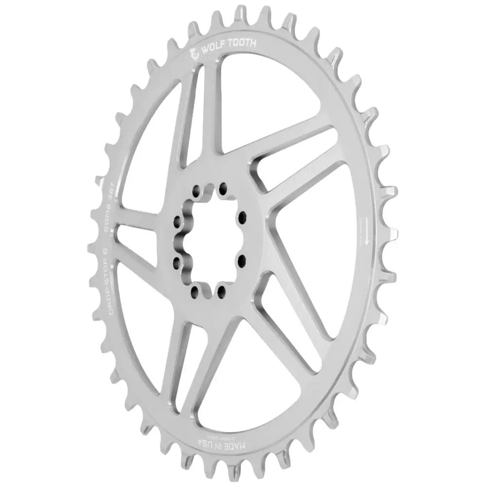 An angled view of a 38T Wolf Tooth SRAM Gravel 8-Bolt Direct Mount Chainring - Raw Silver