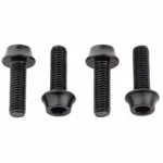 A set of 4 black Wolf Tooth Water Bottle Cage Bolts on a white background