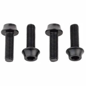 A set of 4 black Wolf Tooth Water Bottle Cage Bolts on a white background