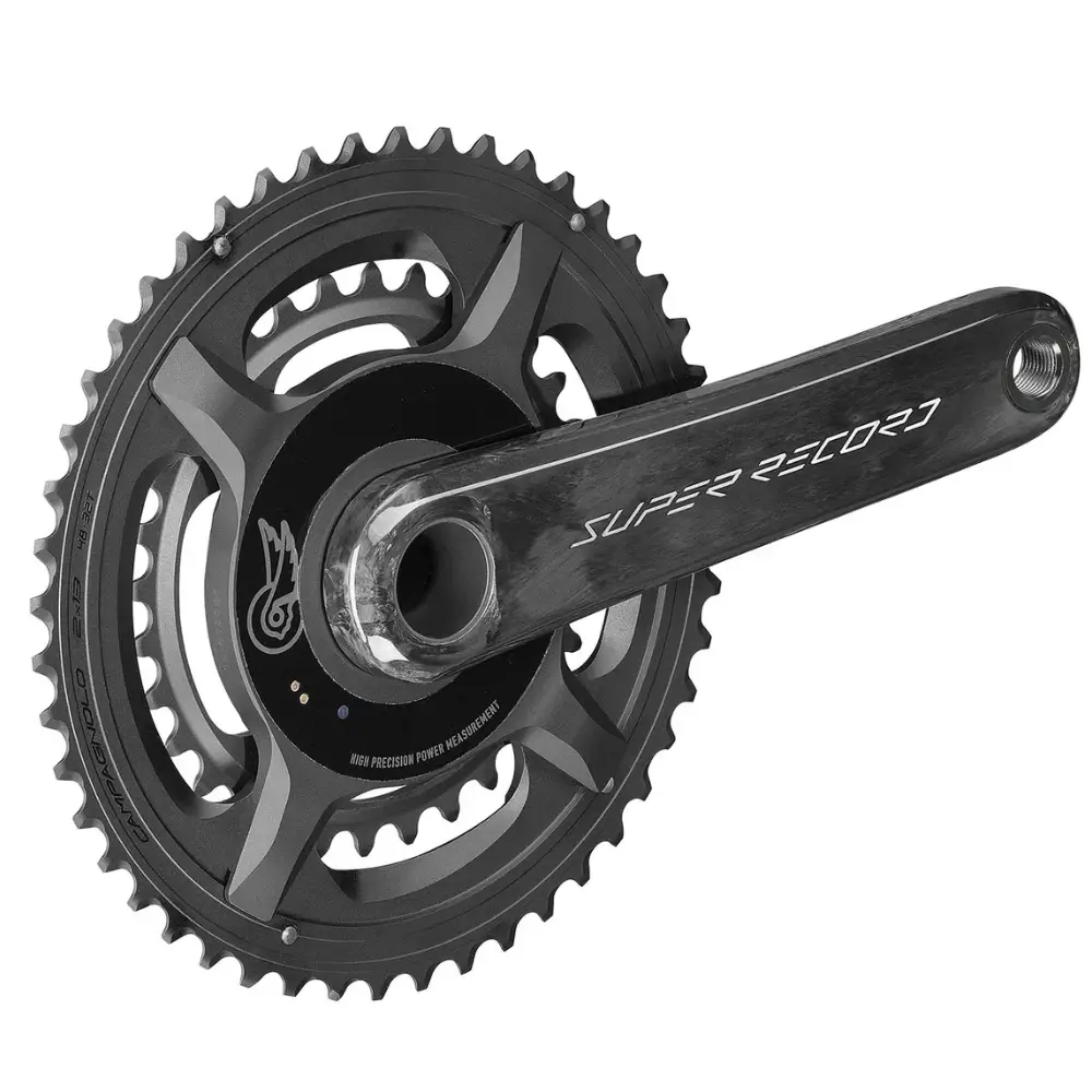 A Campagnolo Super Record 13 Power Meter Crankset on a white background viewed at an angle