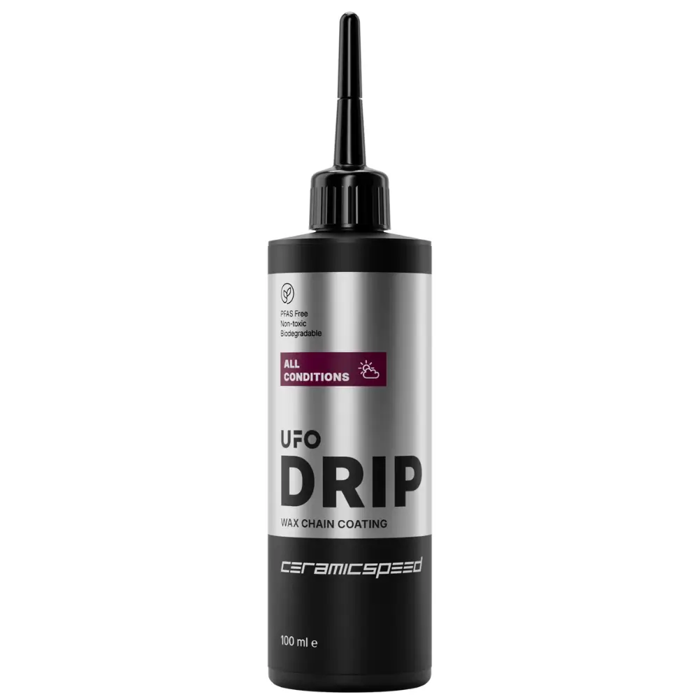 A CeramicSpeed UFO Drip bottle with silver lables