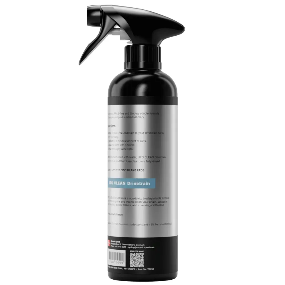 The back of a black and silver spray bottle of CeramicSpeed UFO Drivetrain Cleaner