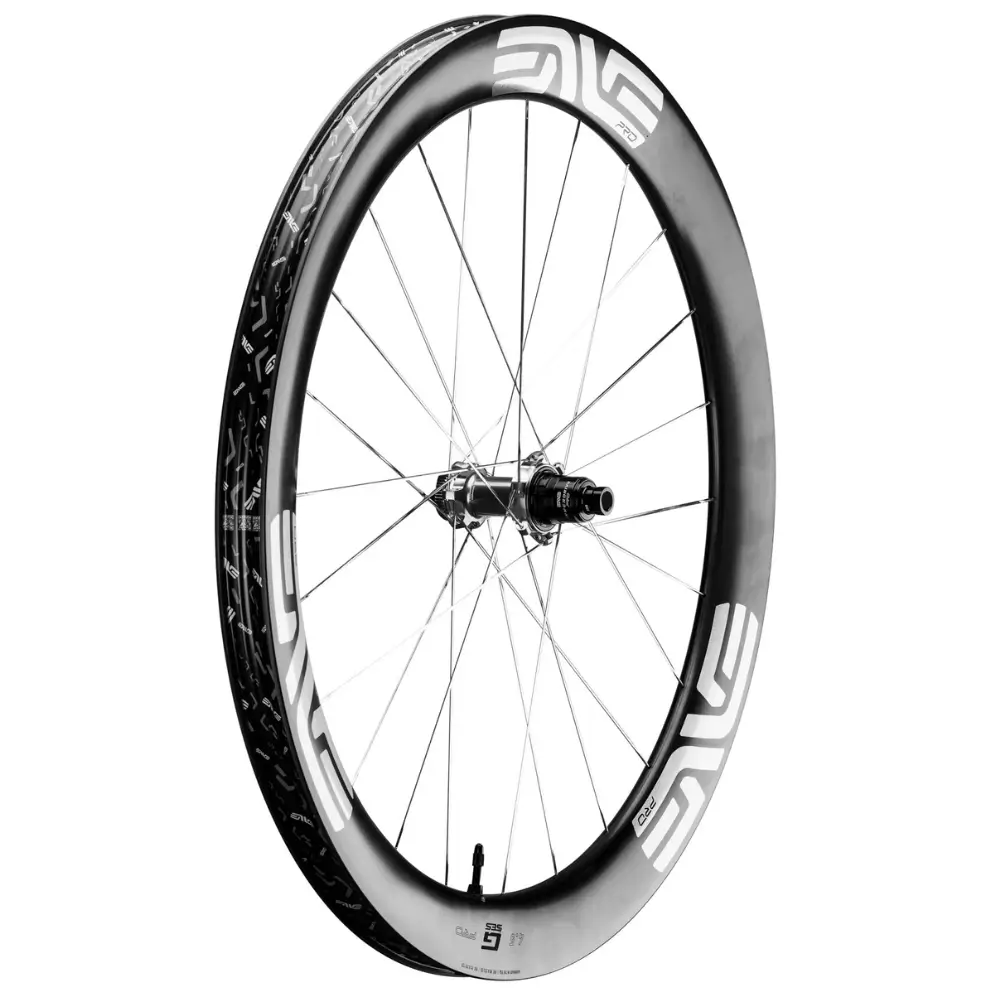 A rear wheel of a ENVE G SES 4.5 Pro Disc Brake Gravel Wheelset with silver decals viewed at an angle