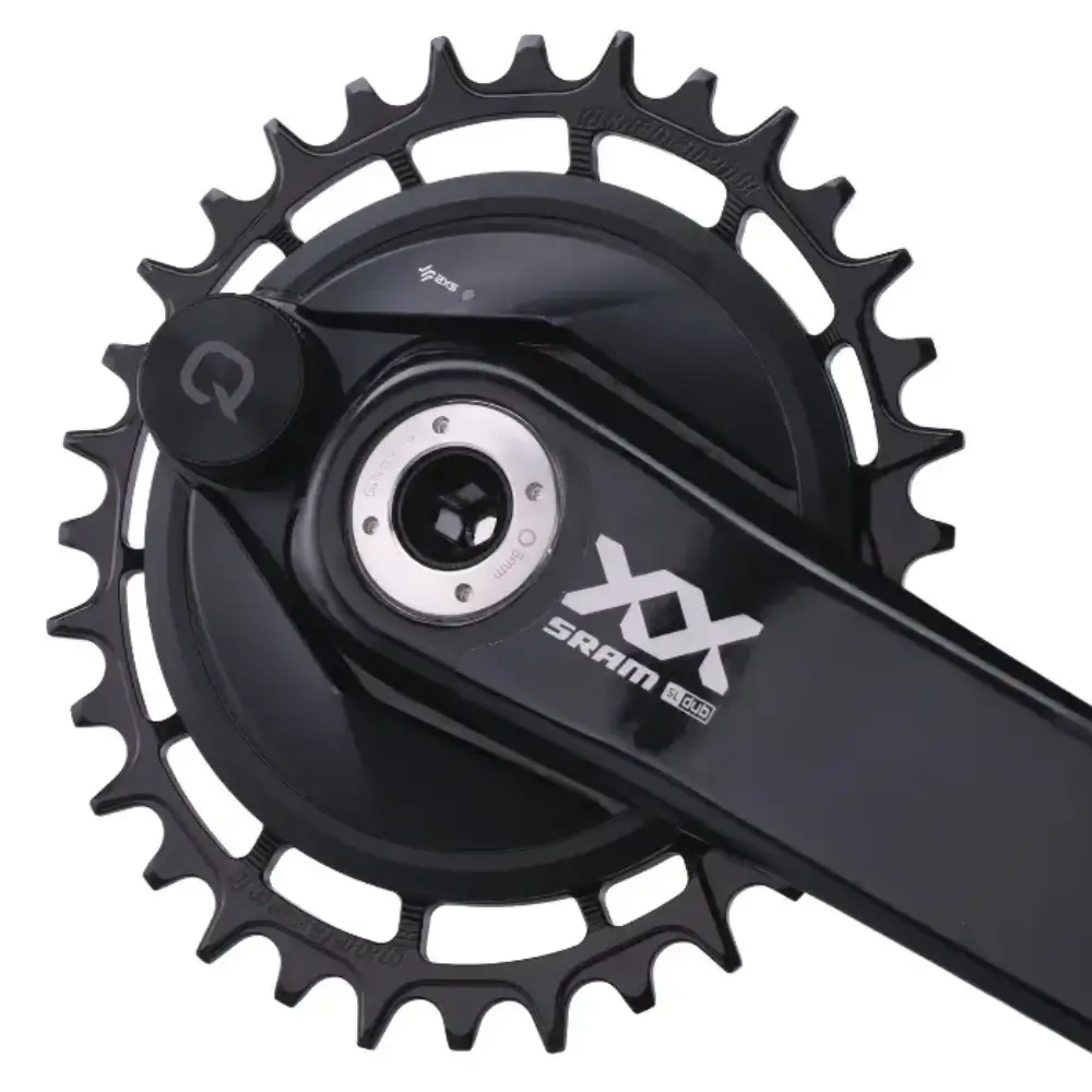 A black Garbaruk 1X Oval Thread Mount MTB Chainring installed on a black SRAM XX thread mount power meter crank arm