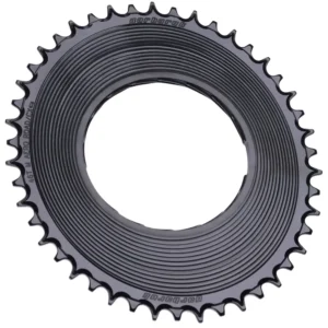 The front of a black Garbaruk 1x Aero Oval Thread Mount Road/Gravel Chainring