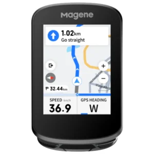A Magene C506 Bike Computer viewed straight on and showing a navigation screen and map