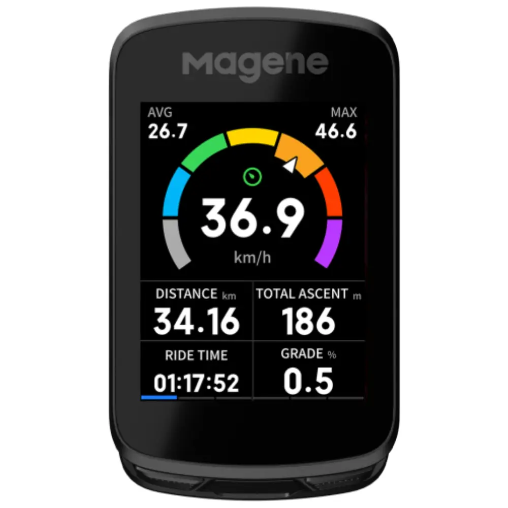 A black Magene C606 Pro Bike Computer on a white background