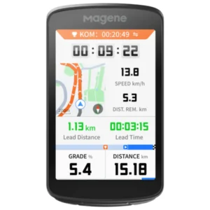 A straight on view of the screen of a Magene C706 Bike Computer showing a Strava live segments data screen