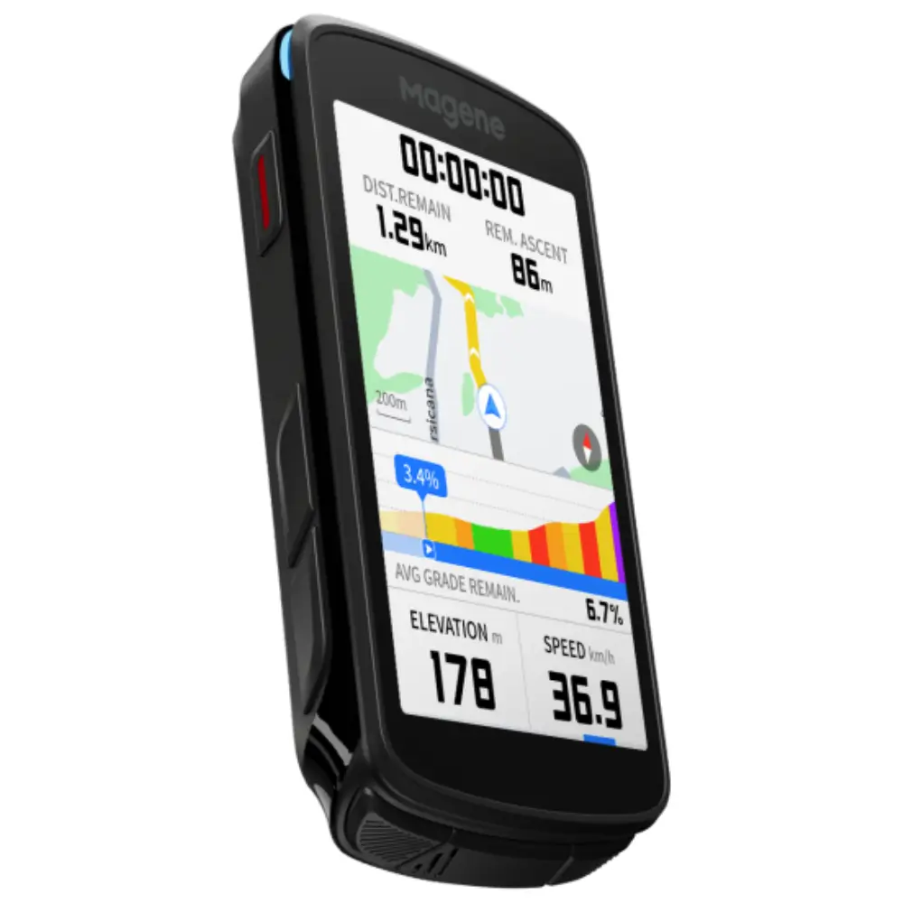 An angled view of the screen of a Magene C706 Bike Computer showing navigation and a climb metric