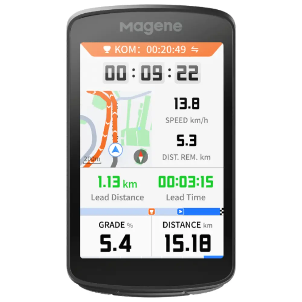 A straight on view of the screen of a Magene C706 Bike Computer showing a Strava live segments data screen