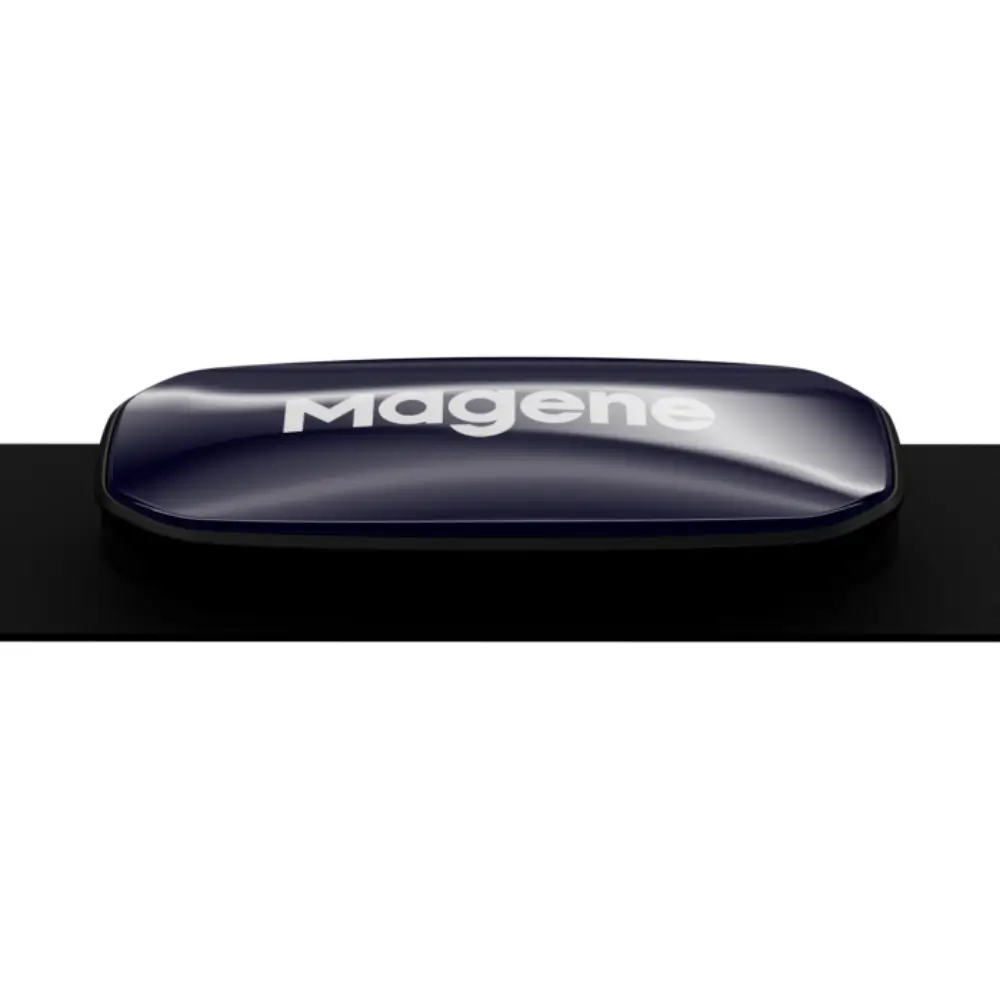 A close up of a navy Magene H613 Heart Rate Monitor sensor on a black strap