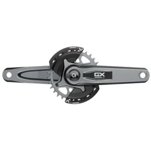 A silver-grey SRAM GX Eagle AXS Transmission Power Meter Spindle Crankset on a white background
