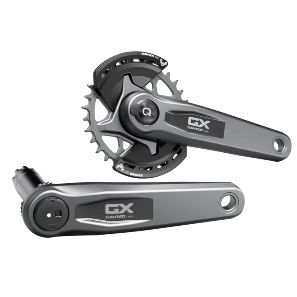 A silver-grey SRAM GX Eagle AXS Transmission Power Meter Spindle Crankset on a white background showing both arms