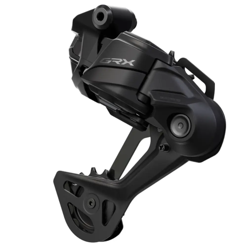 A black Shimano GRX RD-RX717 12-Speed Di2 Wireless Rear Derailleur viewed at a slight angle