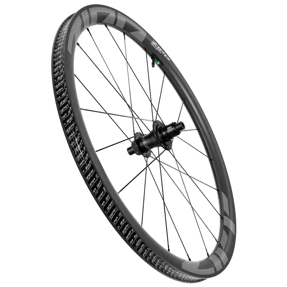 A rear wheel from the Zipp 303 SW Disc Brake Wheelset viewed at an angle on a white background