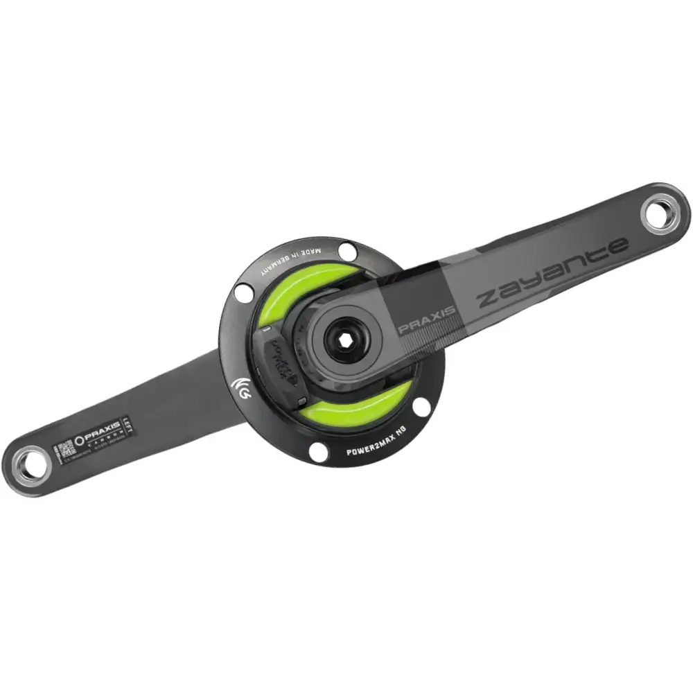A 110 4-bolt power2max NGeco Praxis Zayante Carbon Road Power Meter Crankset.